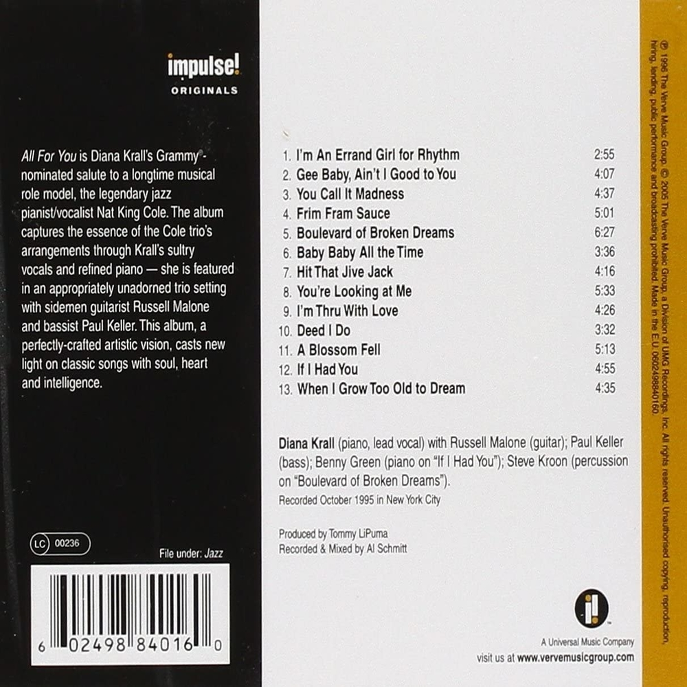 CD - DIANA KRALL - ALL FOR YOU - IMPORTADO