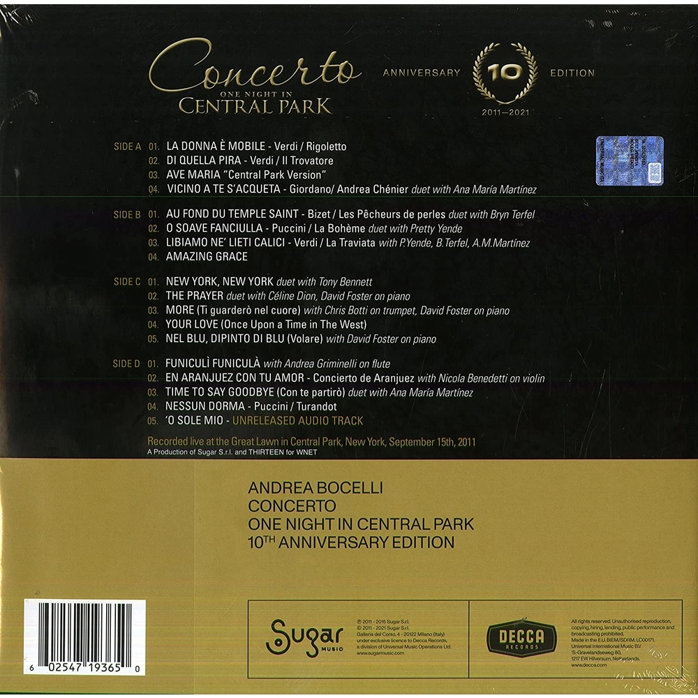 DOS VINILOS - ANDREA BOCELLI - CONCERTO: ONE NIGHT IN CENTRAL PARK 10TH ANNIVERSARY - IMPORTADO